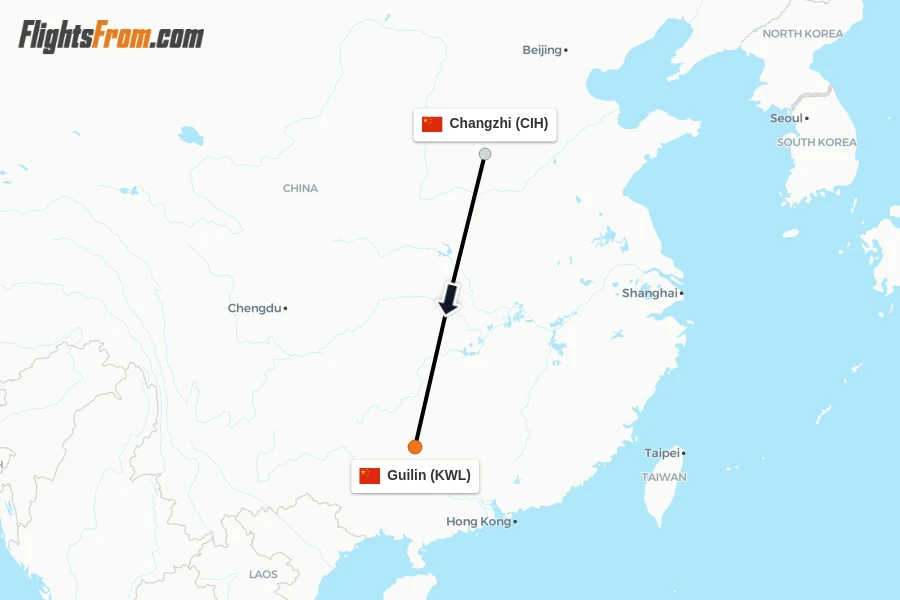 Flights from Changzhi to Guilin route map