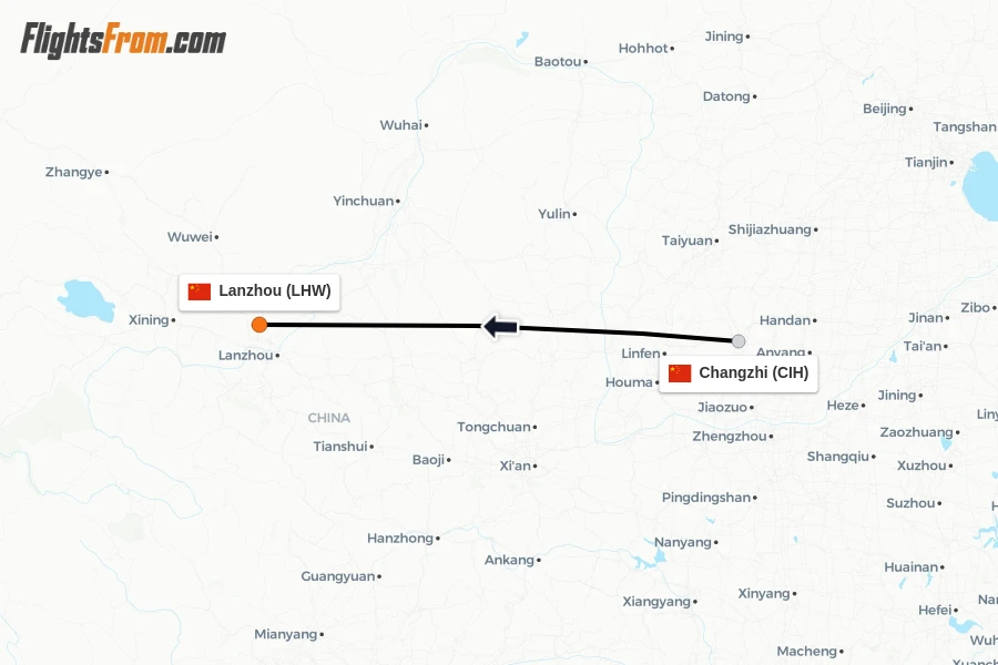 Flights from Changzhi to Lanzhou route map