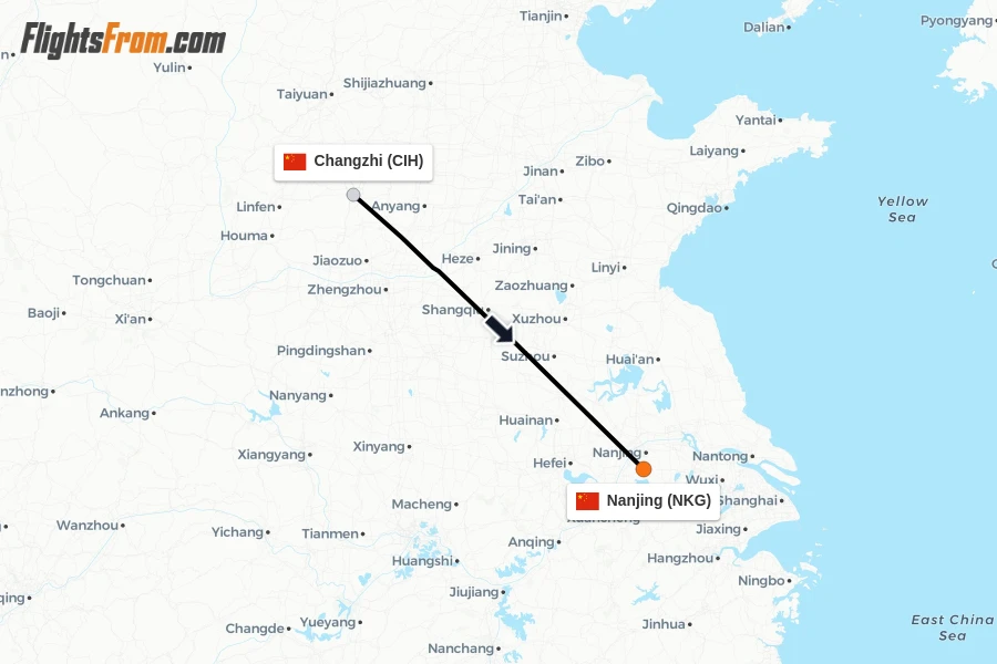 Flights from Changzhi to Nanjing route map