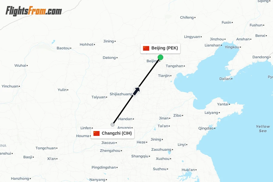 Flights from Changzhi to Beijing route map