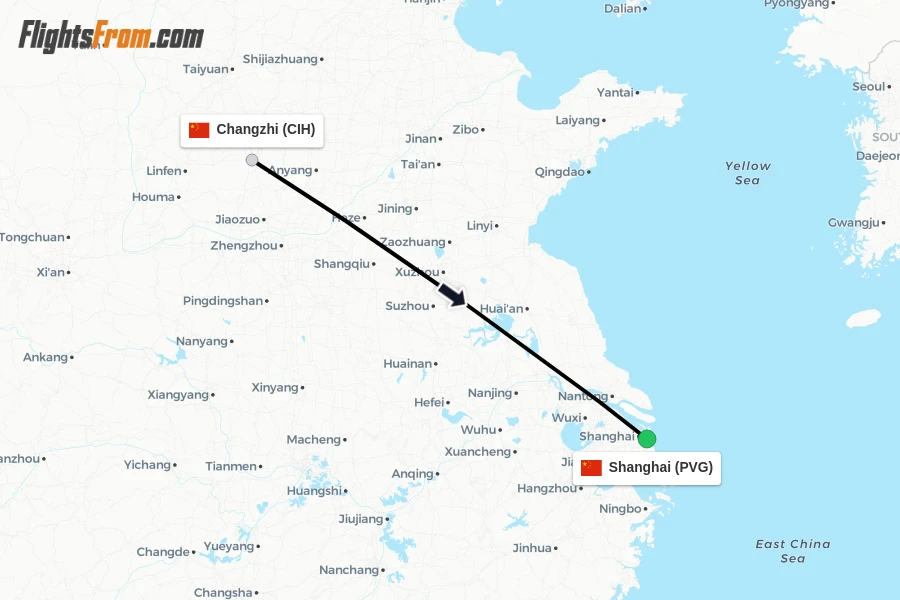 Flights from Changzhi to Shanghai route map