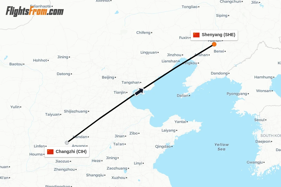 Flights from Changzhi to Shenyang route map