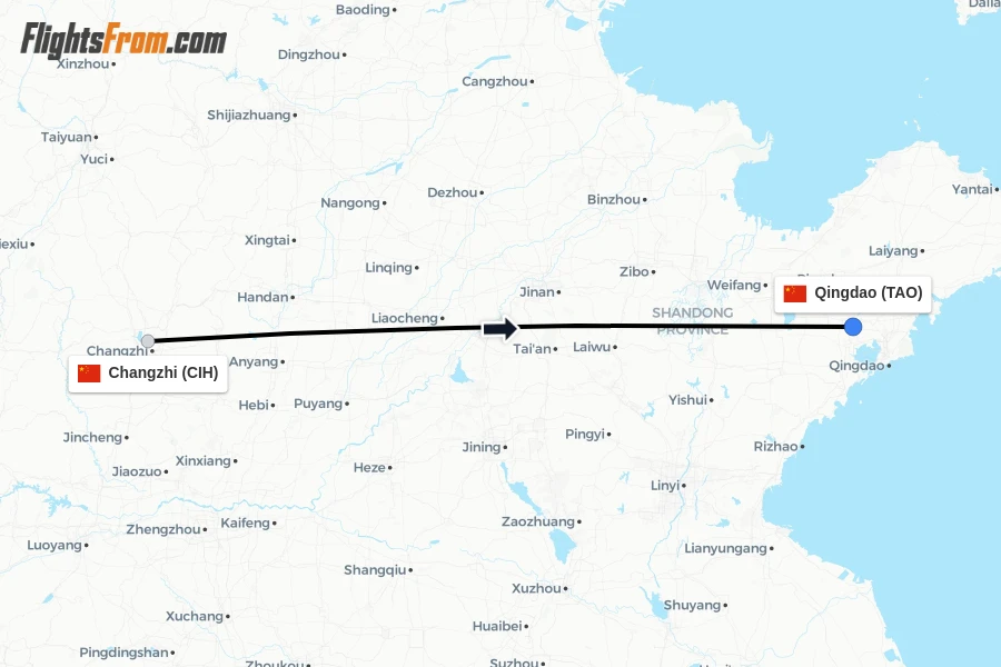Flights from Changzhi to Qingdao route map