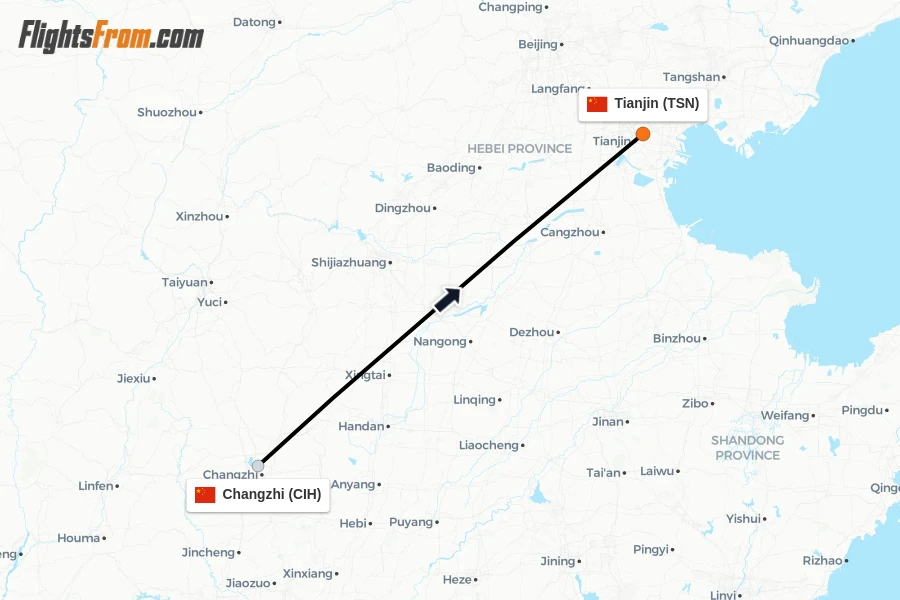 Flights from Changzhi to Tianjin route map
