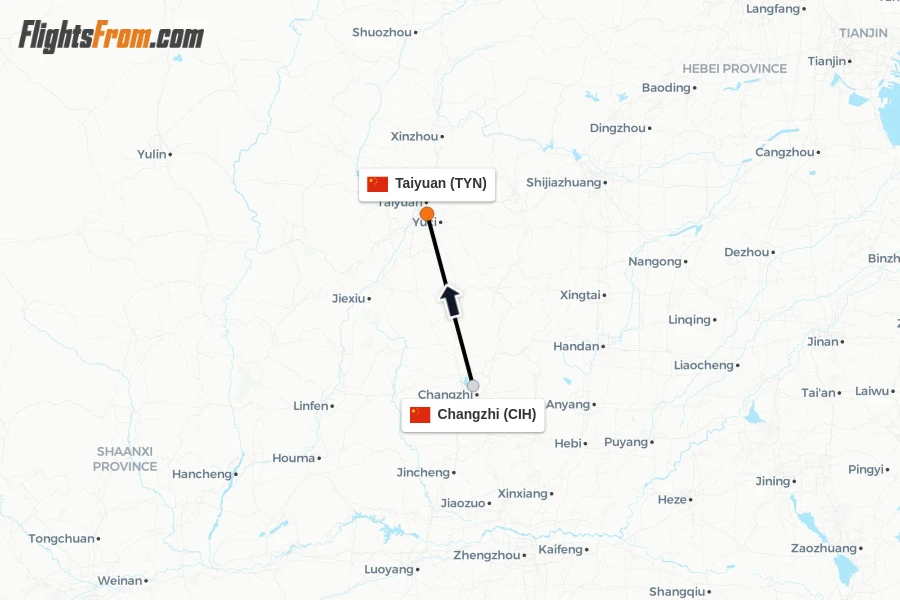 Flights from Changzhi to Taiyuan route map