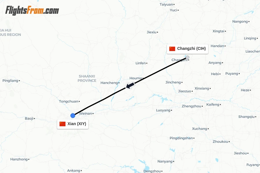Flights from Changzhi to Xian route map