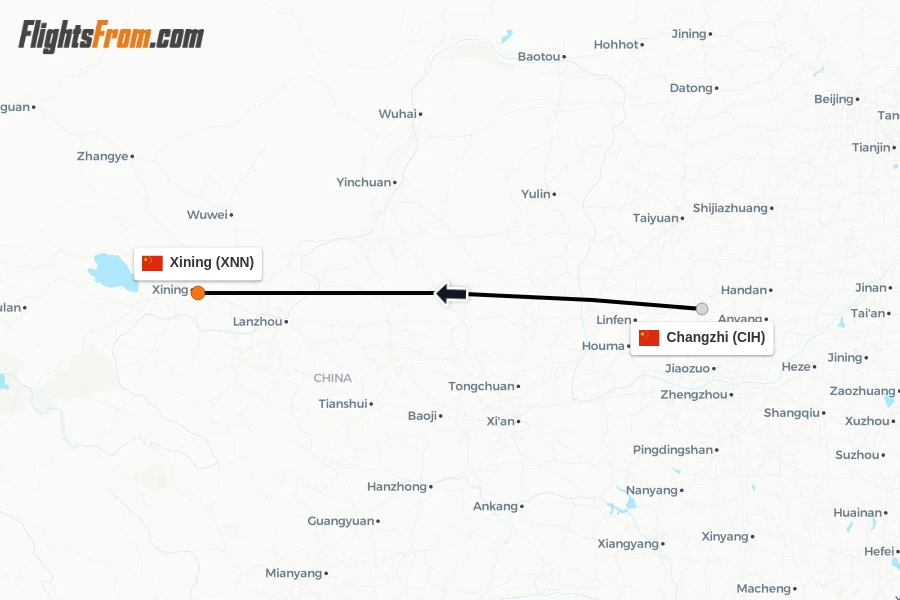 Flights from Changzhi to Xining route map