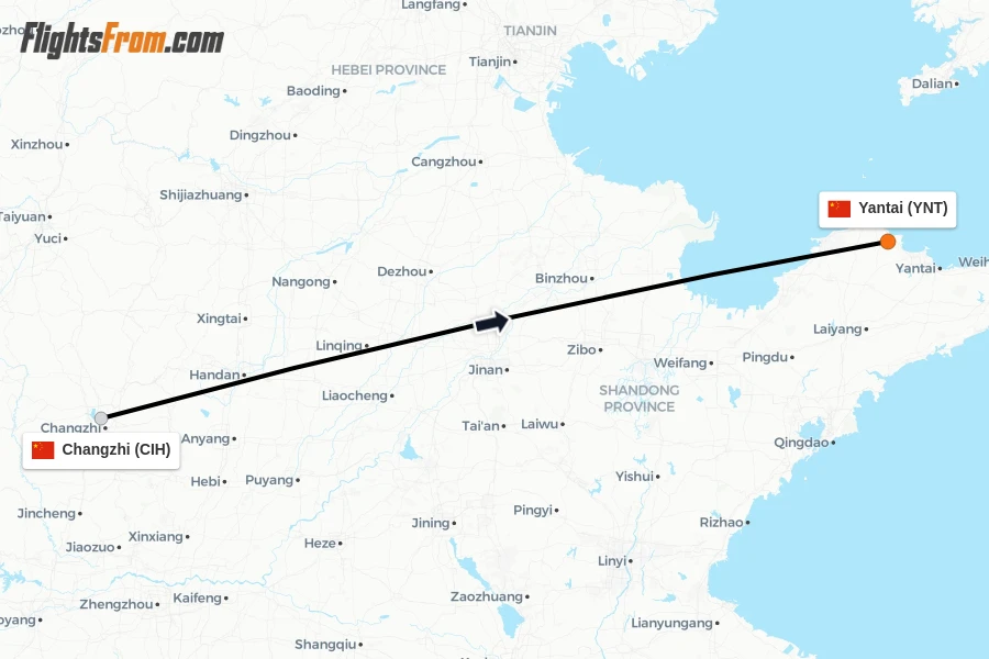 Flights from Changzhi to Yantai route map