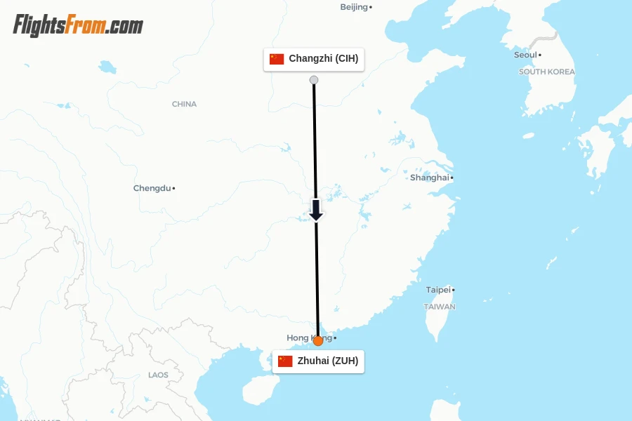Flights from Changzhi to Zhuhai route map