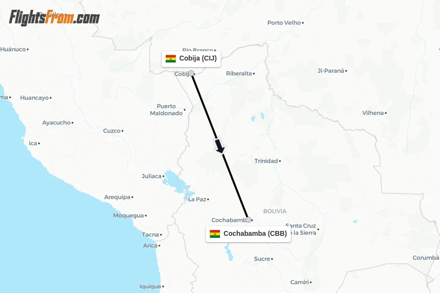 Flights from Cobija to Cochabamba route map