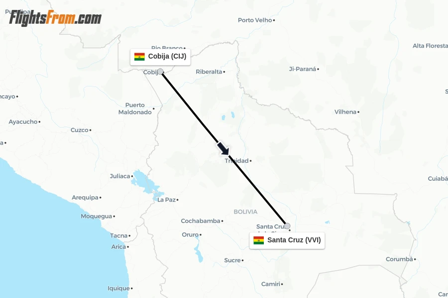 Flights from Cobija to Santa Cruz route map