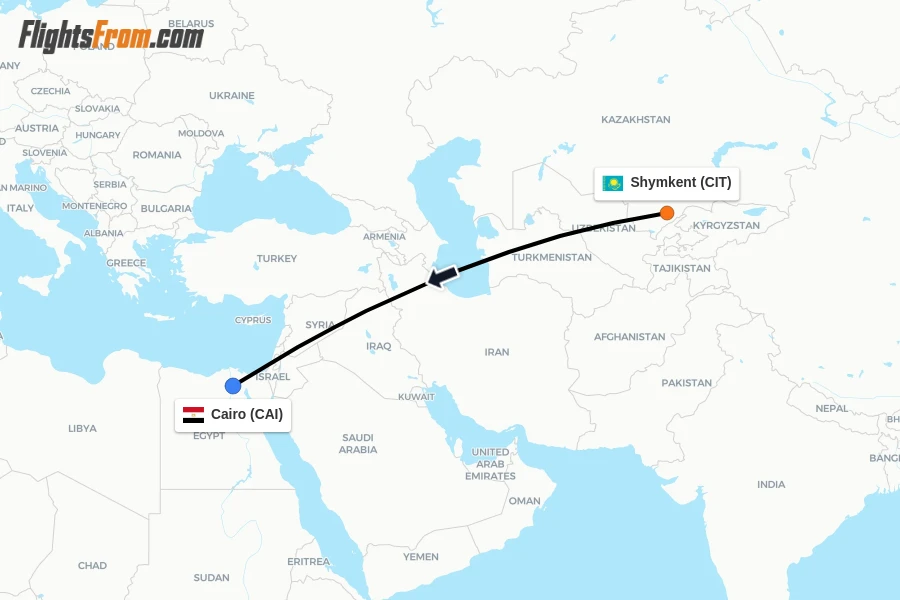 Flights from Shymkent to Cairo route map