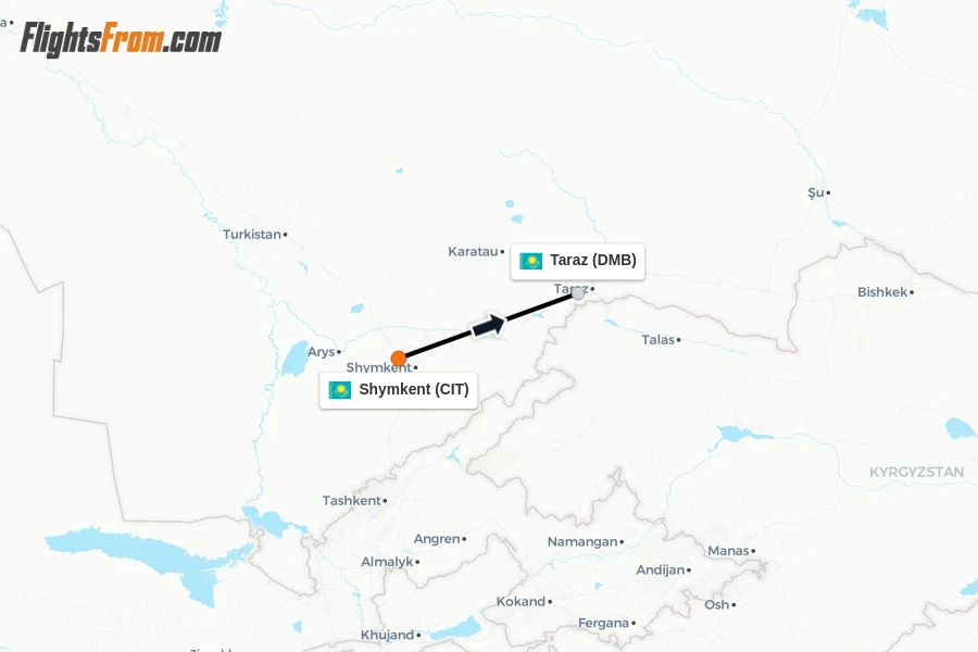 Flights from Shymkent to Taraz route map