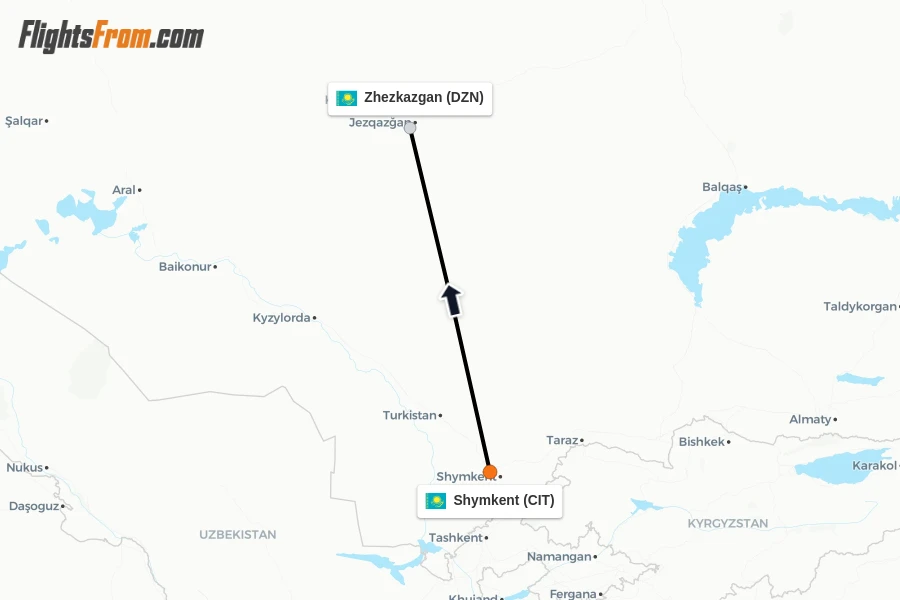 Flights from Shymkent to Zhezkazgan route map