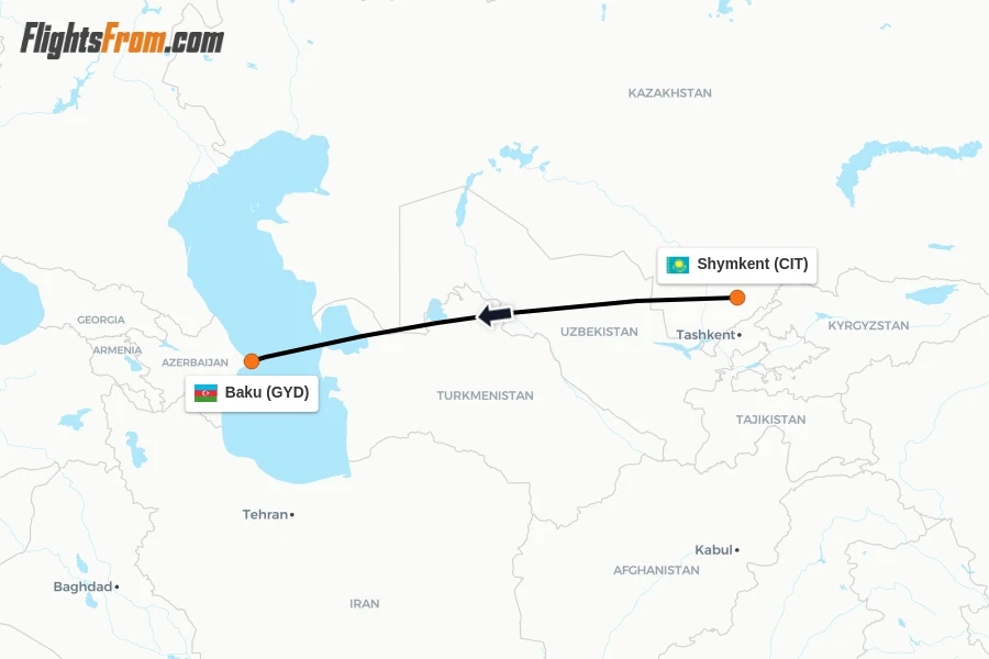 Flights from Shymkent to Baku route map