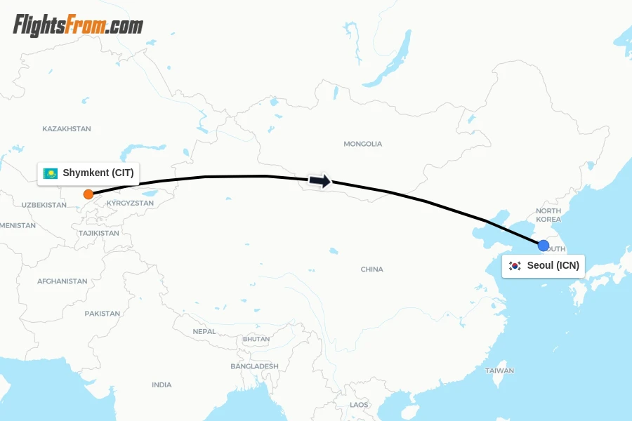 Flights from Shymkent to Seoul route map