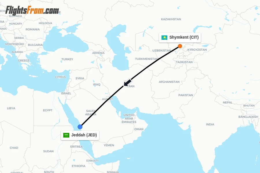 Flights from Shymkent to Jeddah route map
