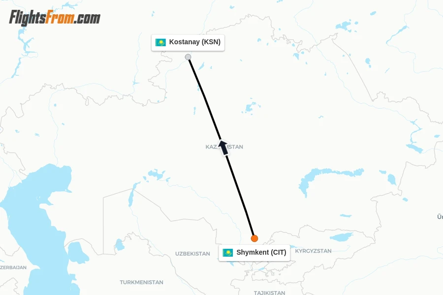 Flights from Shymkent to Kostanay route map