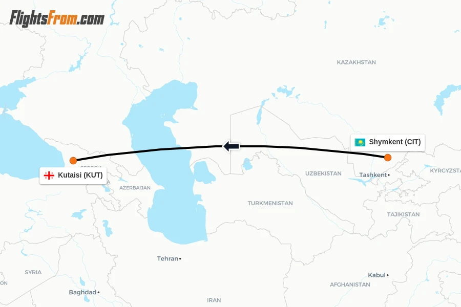 Flights from Shymkent to Kutaisi route map
