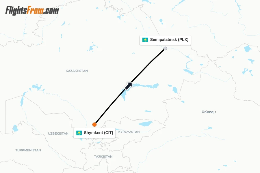 Flights from Shymkent to Semipalatinsk route map