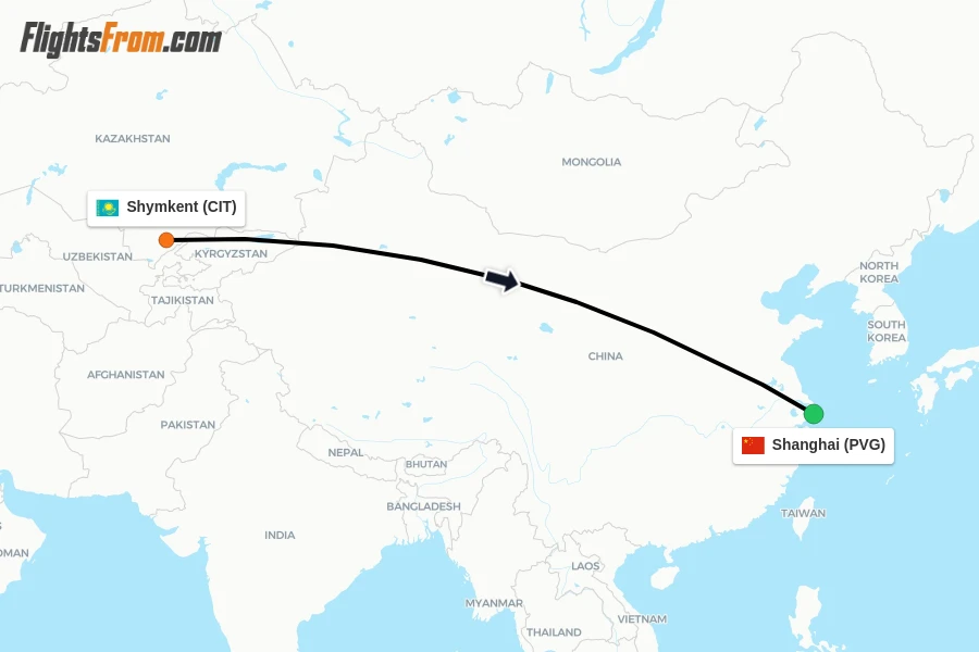 Flights from Shymkent to Shanghai route map