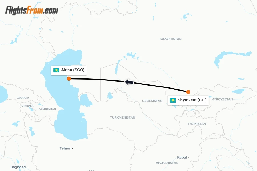 Flights from Shymkent to Aktau route map