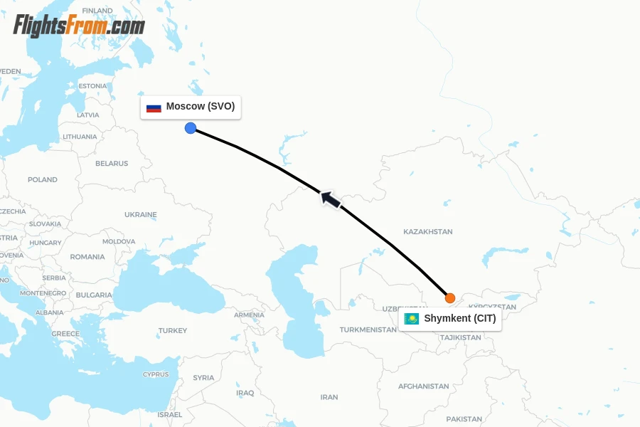 Flights from Shymkent to Moscow route map