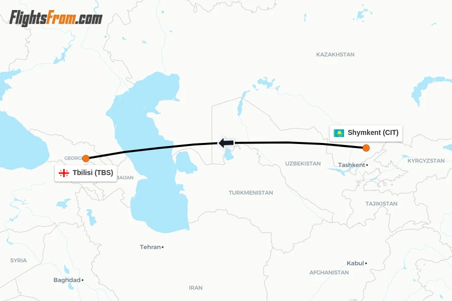 Flights from Shymkent to Tbilisi route map