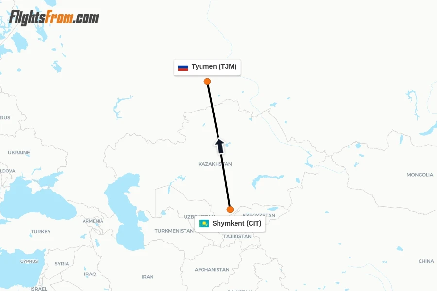 Flights from Shymkent to Tyumen route map