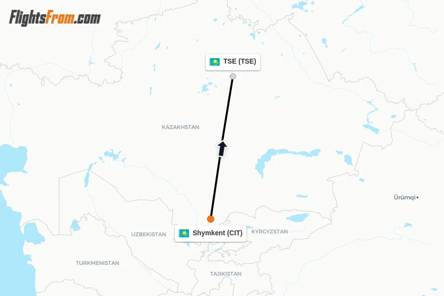 Flights from Shymkent to TSE route map