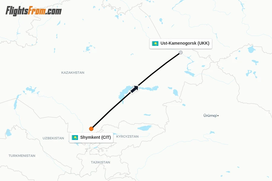 Flights from Shymkent to Ust-Kamenogorsk route map