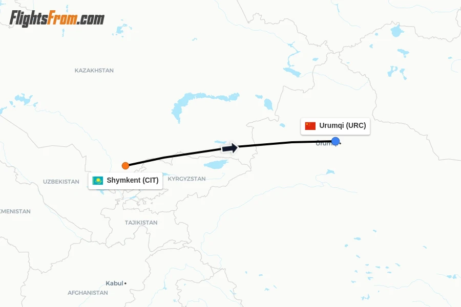Flights from Shymkent to Urumqi route map