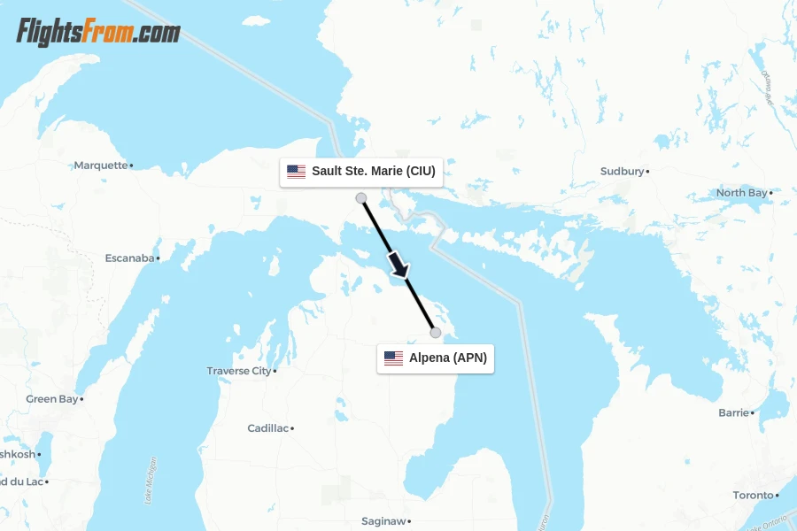 Flights from Sault Ste. Marie to Alpena route map