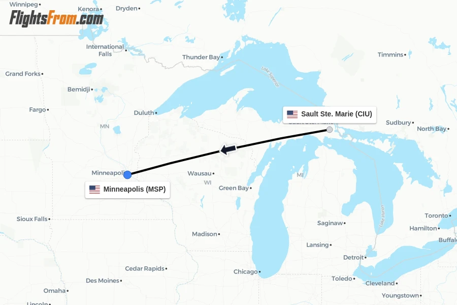Flights from Sault Ste. Marie to Minneapolis route map