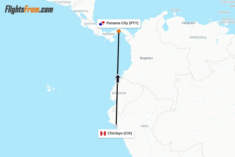 Flights from Chiclayo to Panama City route map