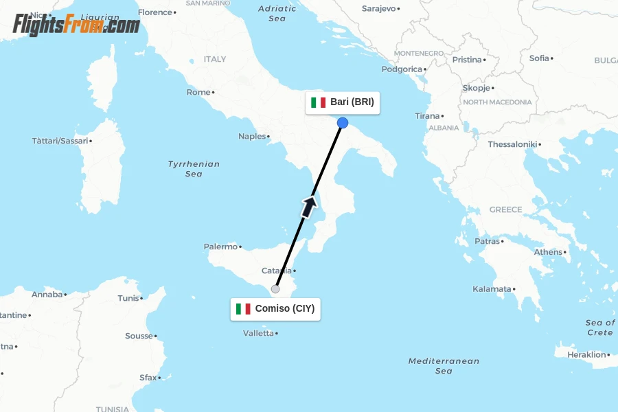 Flights from Comiso to Bari route map