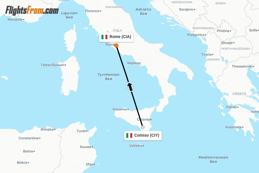 Flights from Comiso to Rome route map