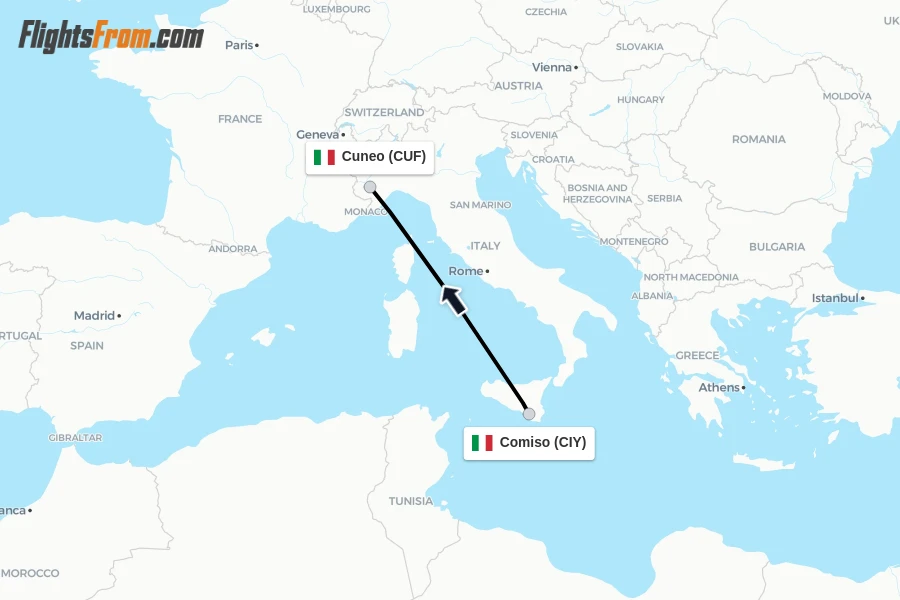 Flights from Comiso to Cuneo route map