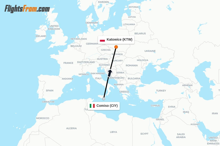 Flights from Comiso to Katowice route map