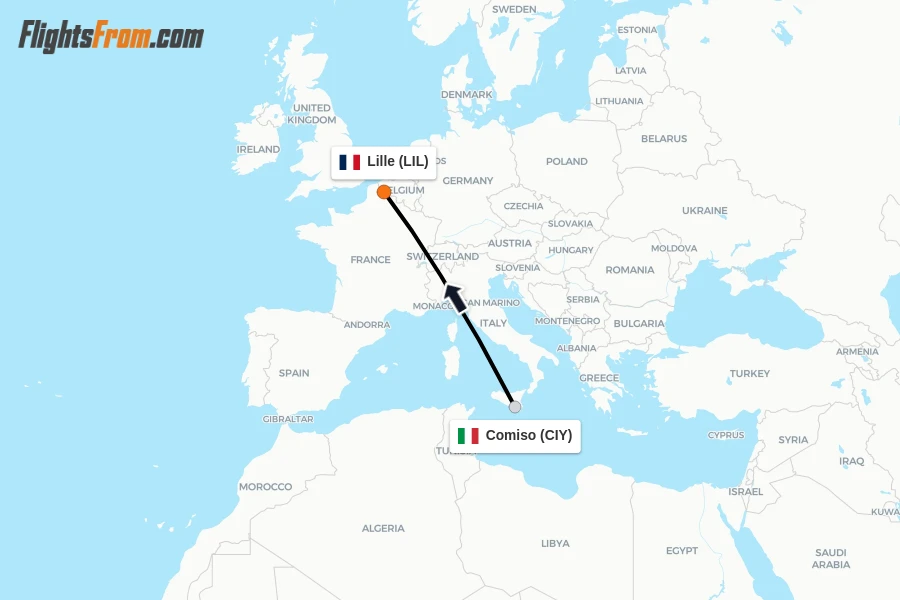 Flights from Comiso to Lille route map