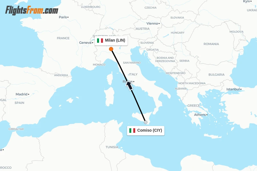 Flights from Comiso to Milan route map