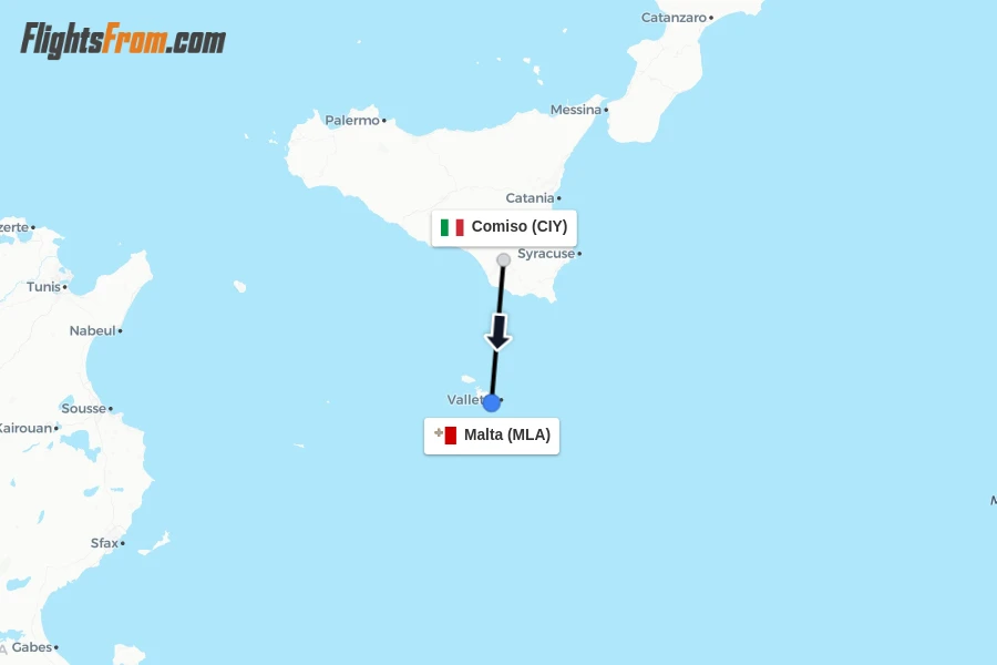 Flights from Comiso to Malta route map