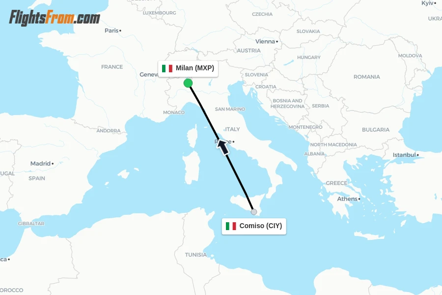 Flights from Comiso to Milan route map