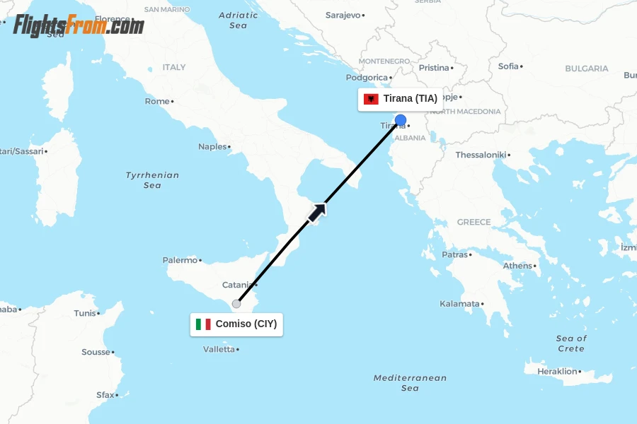 Flights from Comiso to Tirana route map