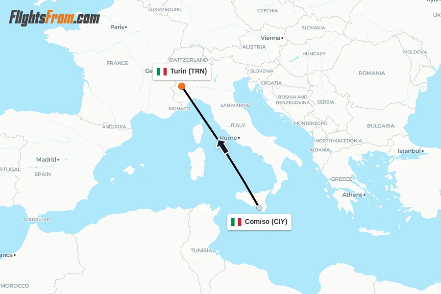 Flights from Comiso to Turin route map