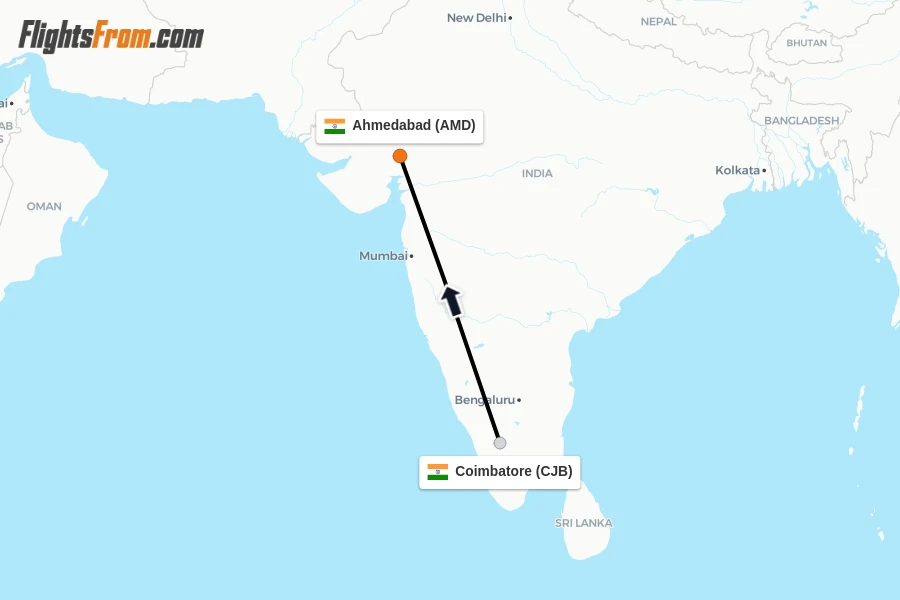 Flights from Coimbatore to Ahmedabad route map