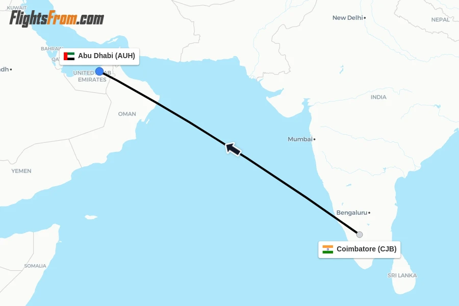 Flights from Coimbatore to Abu Dhabi route map