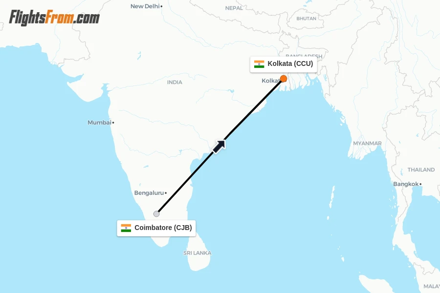 Flights from Coimbatore to Kolkata route map