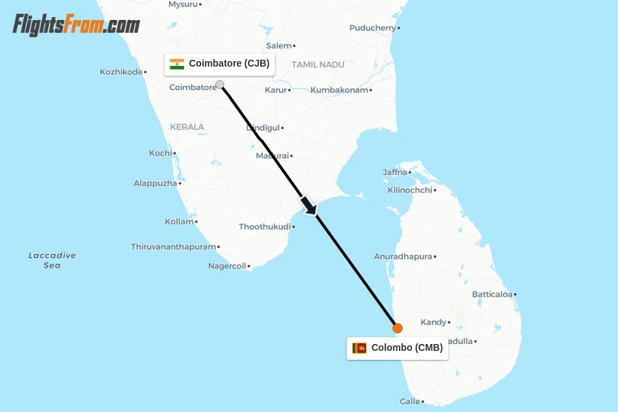 Flights from Coimbatore to Colombo route map