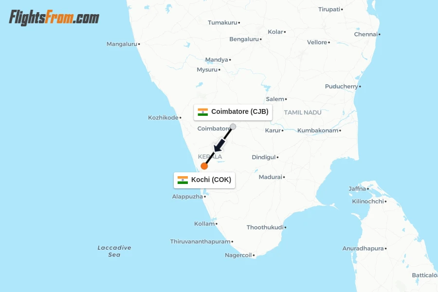 Flights from Coimbatore to Kochi route map